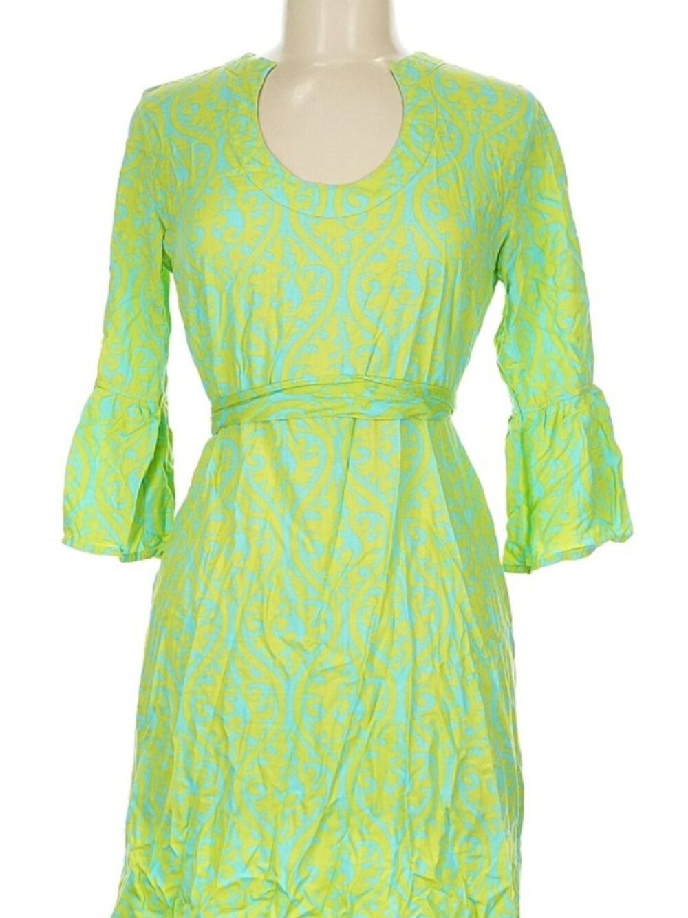 Escapada Womens MEDIUM Lime Green/Blue Print Bell Sleeve Belted Mini Dress